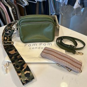 Pom Pom London green leather crossbody purse with 3 different straps.